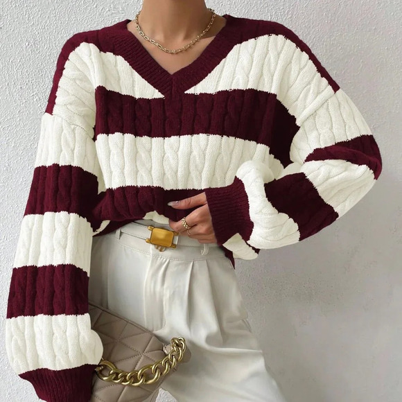 Red Violet Casual Women's Two Tone Cable Knit Drop Shoulder Sweater - Picture 3 of 6